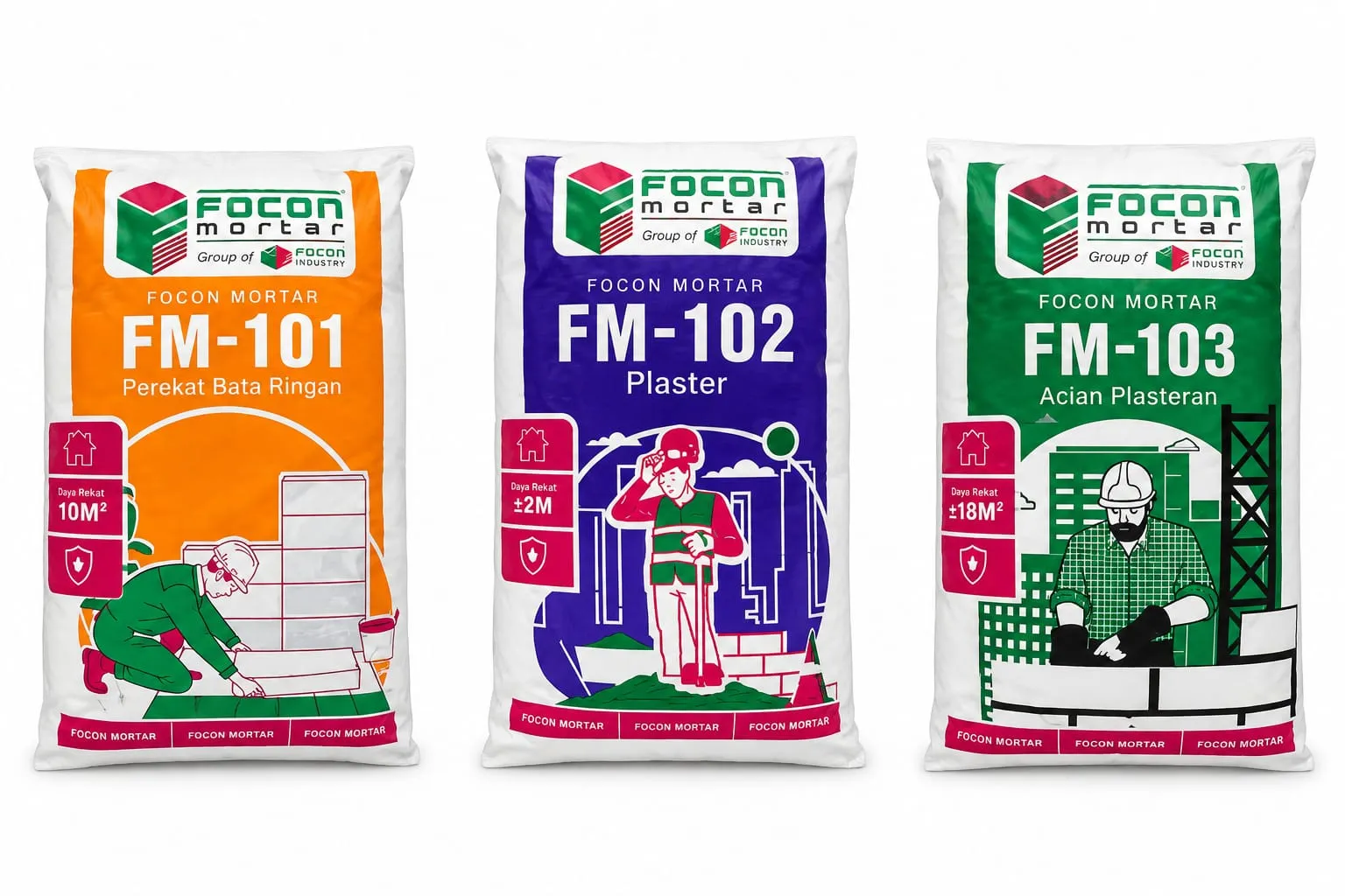Kemasan Focon Mortar FM-101 perekat bata ringan