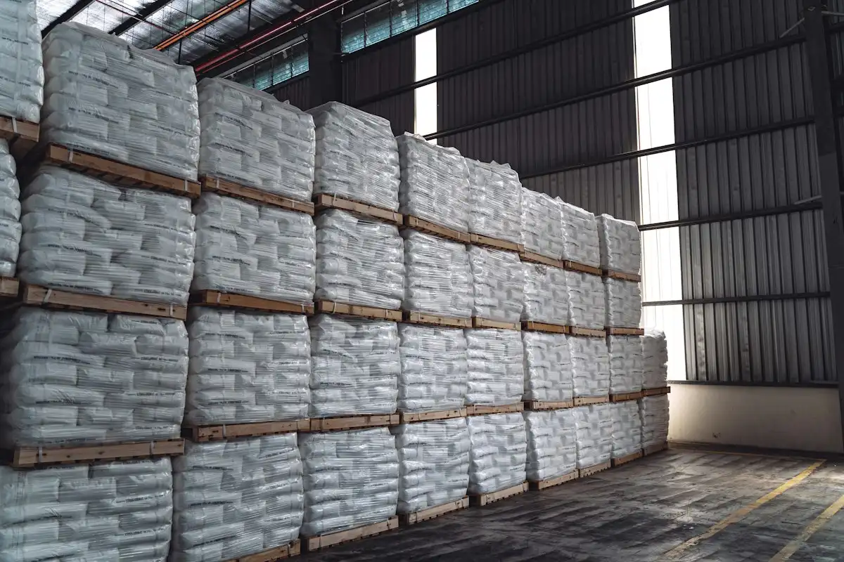 Tumpukan sak mortar instan di gudang material